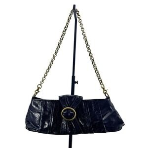 Hobo International Black Leather Pleated Shoulder Bag Brass Chain Paisley Lining
